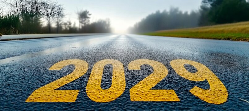 Paving the Road to 2029 Conceptual Image of a Long Road with Yellow Paint Markings Ahead