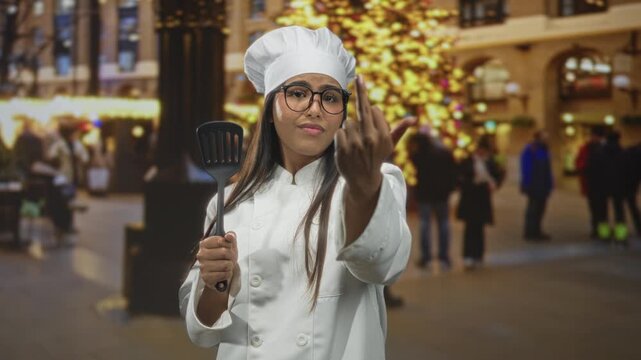 Chef woman holds a spatula and shows middle finger toward camera in a decorated building with christmas tree and blurred crowd; defiance.