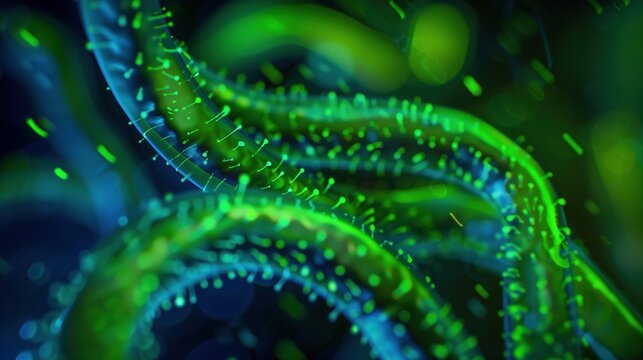 Fluorescence microscopy image of Borrelia burgdorferi spirochetes in human blood plasma, glowing green and cyan bacteria strands, dark laboratory background