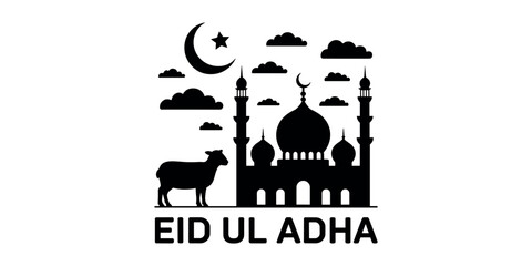 Black silhouette of mosque with domes and minarets and a sheep under a crescent moon and clouds on white background with Eid Ul Adha  © Tania