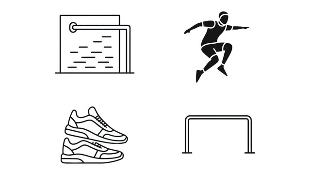 Parkour Elements: An illustrative set showcasing the various elements of parkour, including a water feature, a dynamic athlete, running shoe and parallel bar.