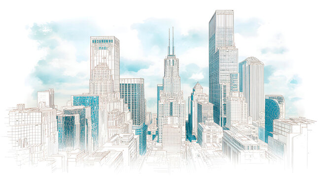 An urban landscape featuring skyscrapers of diverse architecture and heights. Delicate lines and soft blue watercolor and ink tones evoke a sense of lightness and airiness in the cityscape.