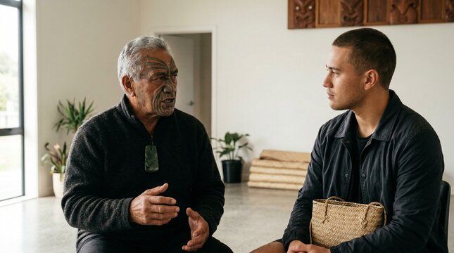 Maori elder speaking with wisdom, engaged conversation in a modern interior space