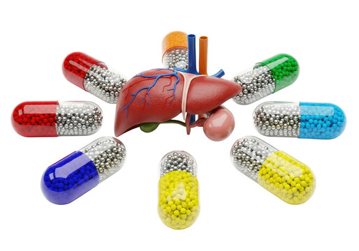 meticulously detailed anatomical model of a human liver and gallbladder, encircled by six colorful medication capsules containing silver micro-pellets on a sterile white surface, representing