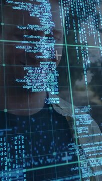 Scrolling code drawing man closer to transparent display, reading and monitoring technology systems