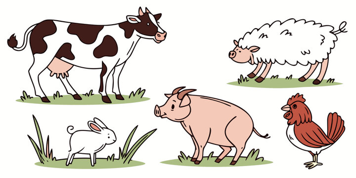 Vector collection of cute farm animals cow sheep pig rabbit and rooster with livestock agriculture illustration domestic collection character barnyard whimsical creature
