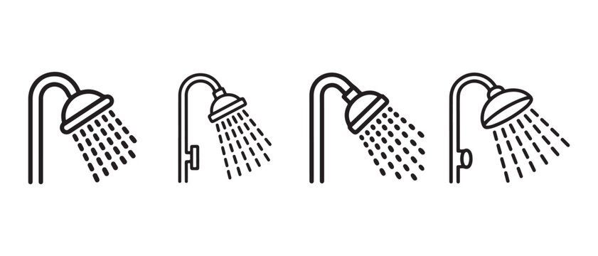 Shower Head Line Icons. with Water Spray on White Background for Hygiene and Bathroom Concepts.