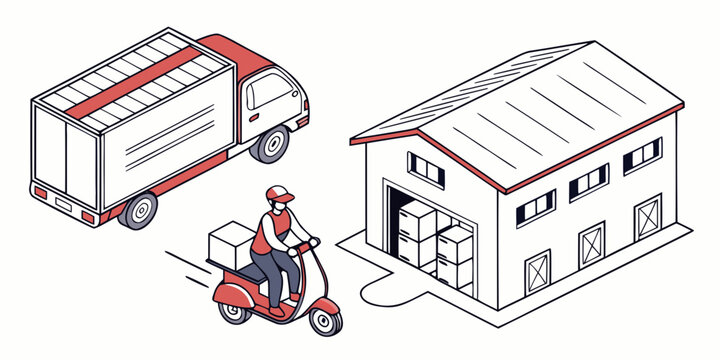 Isometric logistics and delivery concept featuring warehouse truck and courier logistics delivery isometric warehouse shipping transport distribution commerce business