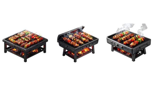 Isometric View of Outdoor Charcoal Grill with Meat and Smoke, Isolated PNG
