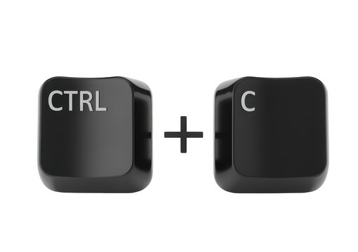 Black computer keyboard keys displaying ctrl and c with a plus sign on a white background isolated on a transparent background