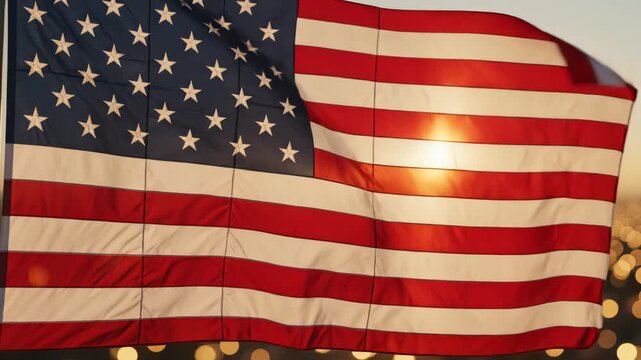 American flag waving in sunset for commercial backgrounds, digital design, and advertising
