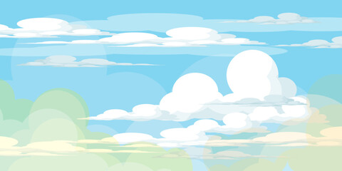 Obraz premium Illustration of a blue sky with white clouds in a flat style. Blue sky background and white clouds. Cartoon sky,summer background.. 
