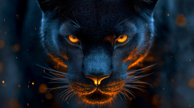 Dramatic black panther portrait with glowing highlights. 