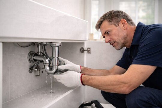 Male plumber repairing pipes under sink with water leak at home, plumbing emergency, maintenance service, home repair concept.
