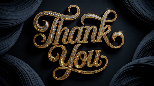 Golden 'thank you' message on dark background with elegant cursive typography and decorative swirls