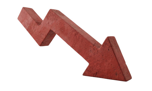Red downward arrow with jagged shape, indicating decline, failure, loss, negative trend, and bankruptcy, isolated on transparent background for financial crisis.