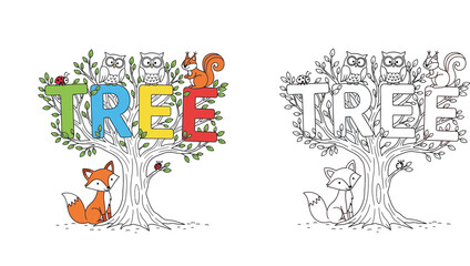 Obraz premium Cute woodland animals and tree typography illustration. Color and black and white outline versions for kids coloring book page.