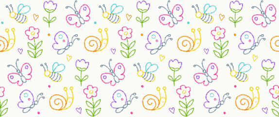 Summer seamless pattern with crayon butterfly, bee, flowers and snail. Cute spring flowers and insects hand drawn with chalk texture. Kids pattern with butterflies and bees, vector illustration © PollyVa