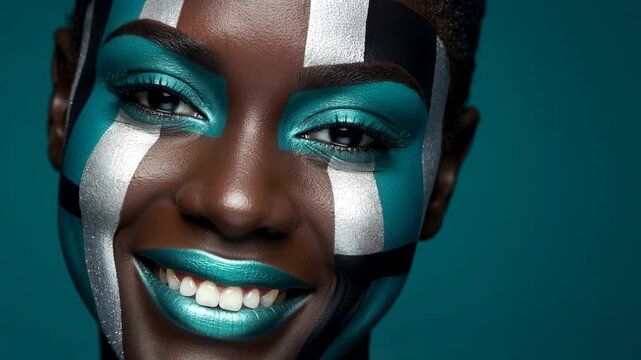 A model showcases unique makeup designs with bold colors and patterns. The playful expressions highlight the creativity and artistry of the makeup. Bright lighting brings out the colors.