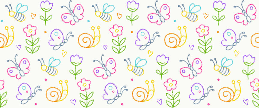 Summer seamless pattern with crayon butterfly, bee, flowers and snail. Cute spring flowers and insects hand drawn with chalk texture. Kids pattern with butterflies and bees, vector illustration