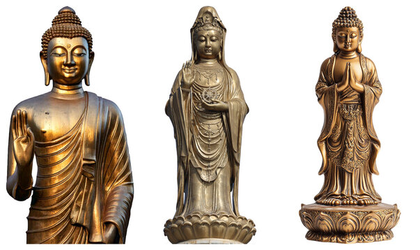 Golden statues of Buddha and Guan Yin, religious sculptures with detailed craftsmanship, serene and spiritual.