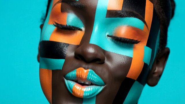 Four shots show a person with artistic face paint in bold colors. The bright patterns highlight the smile and create a playful look in a studio setting.