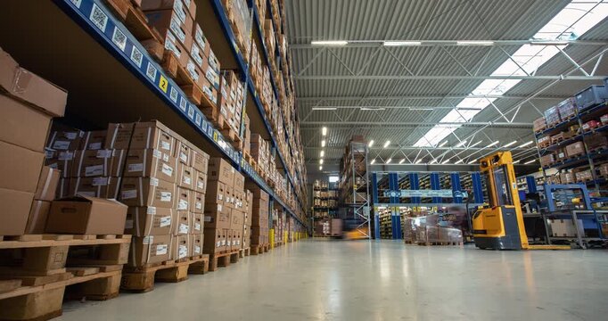 Timelaps - Low angle time lapse of a large industrial warehouse with high shelving and forklift machinery