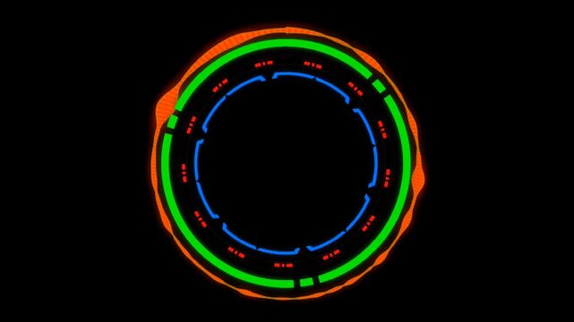 futuristic colorful hud circle with glowing rings and rotating digital interface animation on dark background