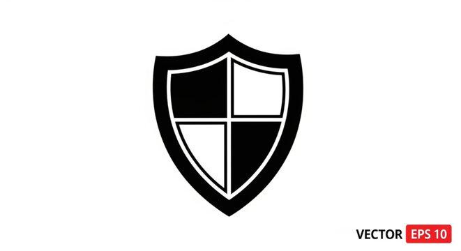 A black and white vector shield icon with a cross design on a plain background