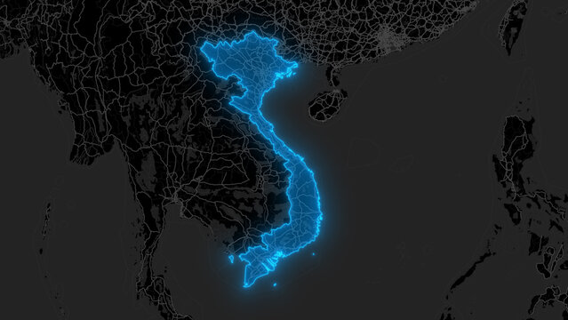 Stylized Blue Glow Map on Dark Background High Resolution Digital Graphic - Vietnam