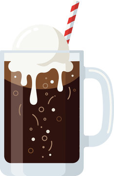 Classic root beer float with vanilla ice cream and a striped straw in a glass mug isolated on transparent background