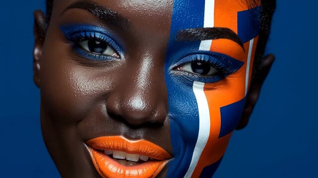 A model poses in a studio with bright colors on her face. The makeup includes orange and blue details. She makes different expressions and smiles, showcasing the art.