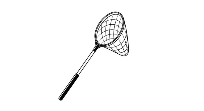Hand-drawn style illustration of a fishing net or butterfly net with a long handle, suitable for outdoor activity or collection icons.