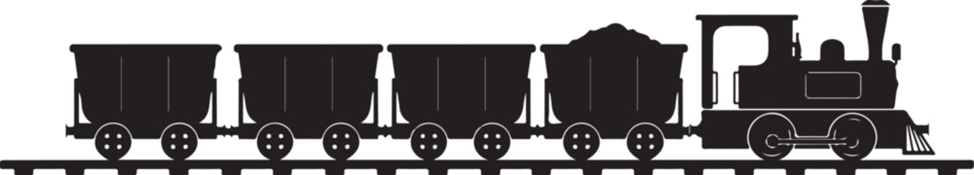 Black train locomotive, freight train cars, railroad transportation, vector icons