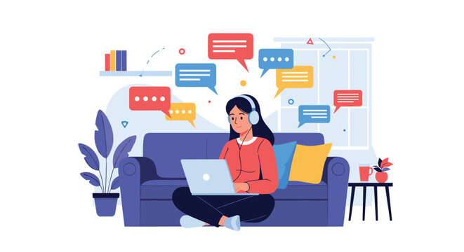 Young woman wearing headphones and using a laptop on a sofa surrounded by colorful chat bubbles for online socializing or remote work.