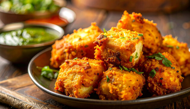 Golden crispy paneer pakoras stuffed and served with tangy green chutney, mint chutney and tamarind sauce, Indian street food, appetizing snack