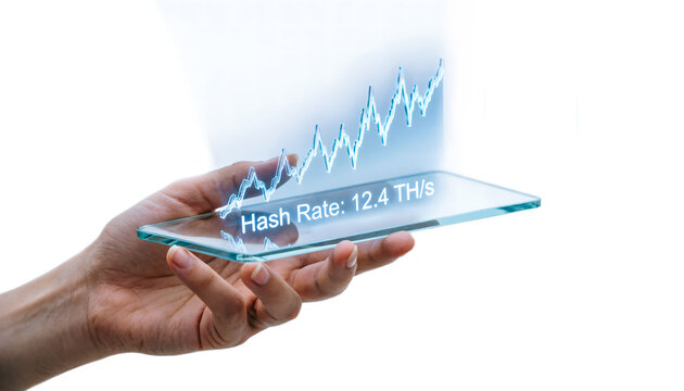 A hand holding an ultra-thin glass tablet projecting a 3D holographic hash rate wave indicator.