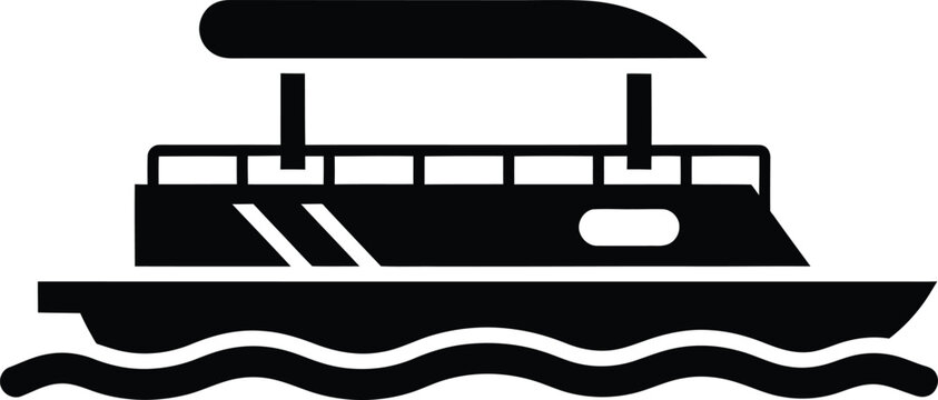 Silhouette of a modern pontoon boat sailing on wavy water vector illustration