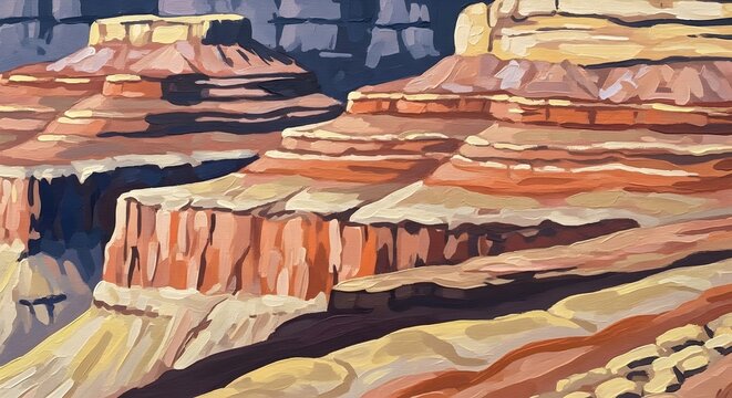 重なり合う峡谷の岩肌と光のコントラストを描いたガッシュ水彩画