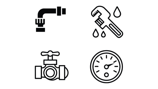 Plumbing Essentials: A comprehensive set of plumbing icons, showcasing tools and components integral to the trade.