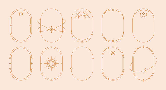 Boho arch frame silhouettes. Geometric line doors and windows with mystic celestial minimalist elements, esoteric modern borders with simple magic oval arcs. Vector bohemian set