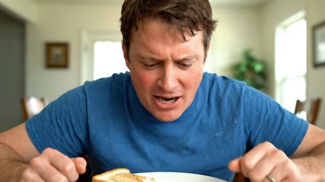 Man choking on food while eating a meal at home