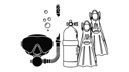 Diving Essentials in Silhouette: A black and white illustration of essential scuba diving equipment, capturing the allure of underwater adventure. © Abdul
