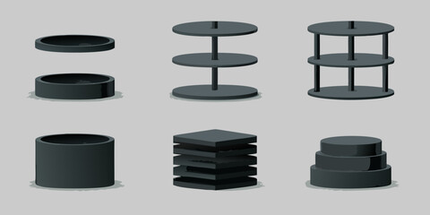 Isometric display stands and platforms in a dark gray color scheme © Titul