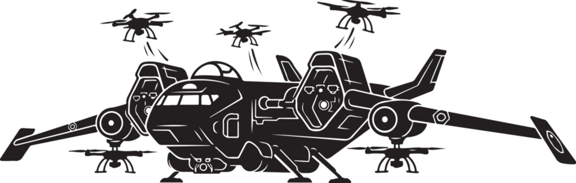 Military helicopter, combat aircraft, black vector illustration, drone escort