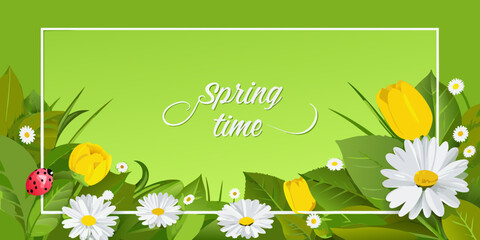A vibrant spring scene featuring flowers a ladybug and decorative text © Titul