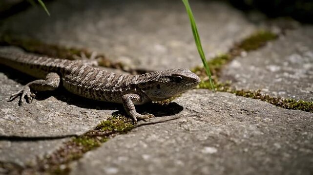 Small lizard sunning itself on grey stone pavement