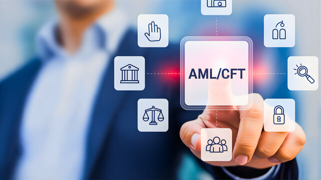 AML/CFT compliance solutions explained with interactive icons and a businessman's finger pressing a button
