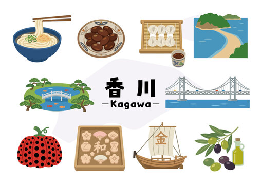 香川県の観光・特産・文化アイコンセット（讃岐うどん・エンジェルロード・瀬戸大橋・栗林公園・オリーブ・和三盆・直島アート）