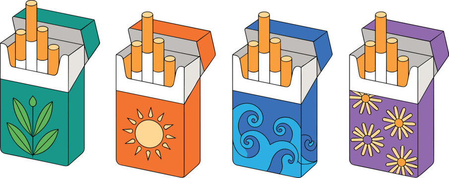 Set of four colorful cigarette packs featuring creative nature inspired designs including leaf sun waves and floral patterns isolated on white